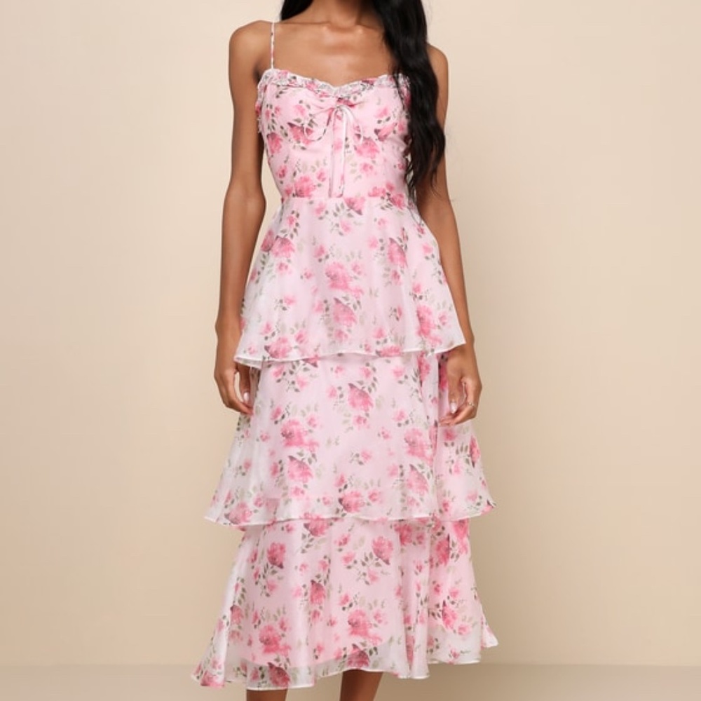 Lulus Immaculate Cutie Light Pink Floral Sleeveless Tiered Midi Dress - Size M